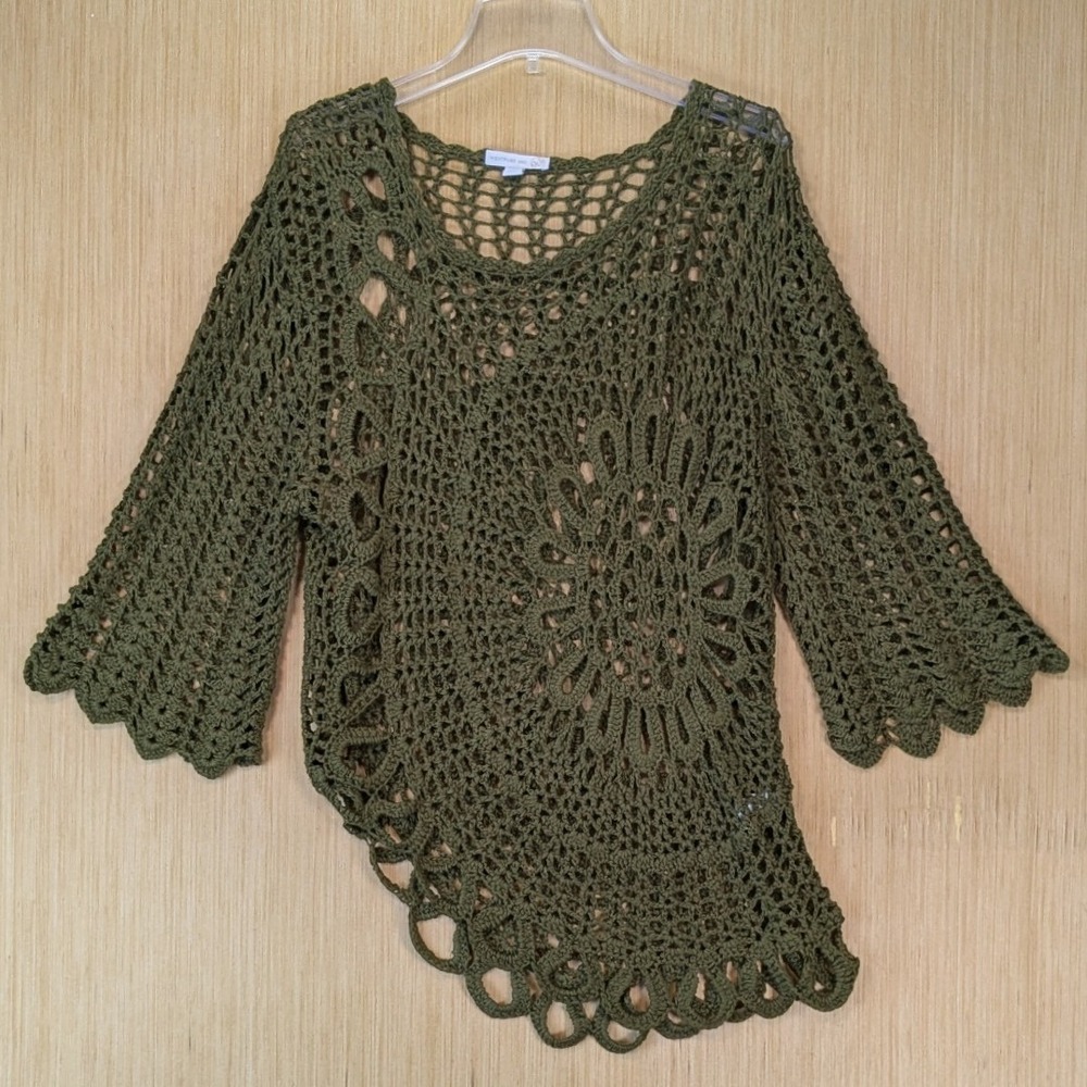 Womens Y2K Boho Fairy Grunge Green Crochet Asymmetrical Flare Sleeve Knit Top L